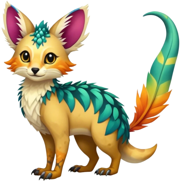 Feral Rare Fantasy vibrant colorful tropical Vernid-Trico-species by LiLaiRa, random markings, tufted tail, tufted ears, full body emoji
