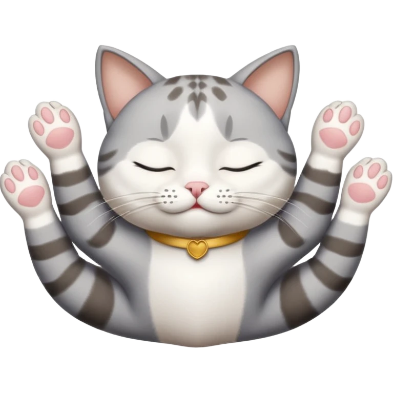 grey and white small cat with eyes closed lying down upside down with paws stretched out straight in different directions emoji
