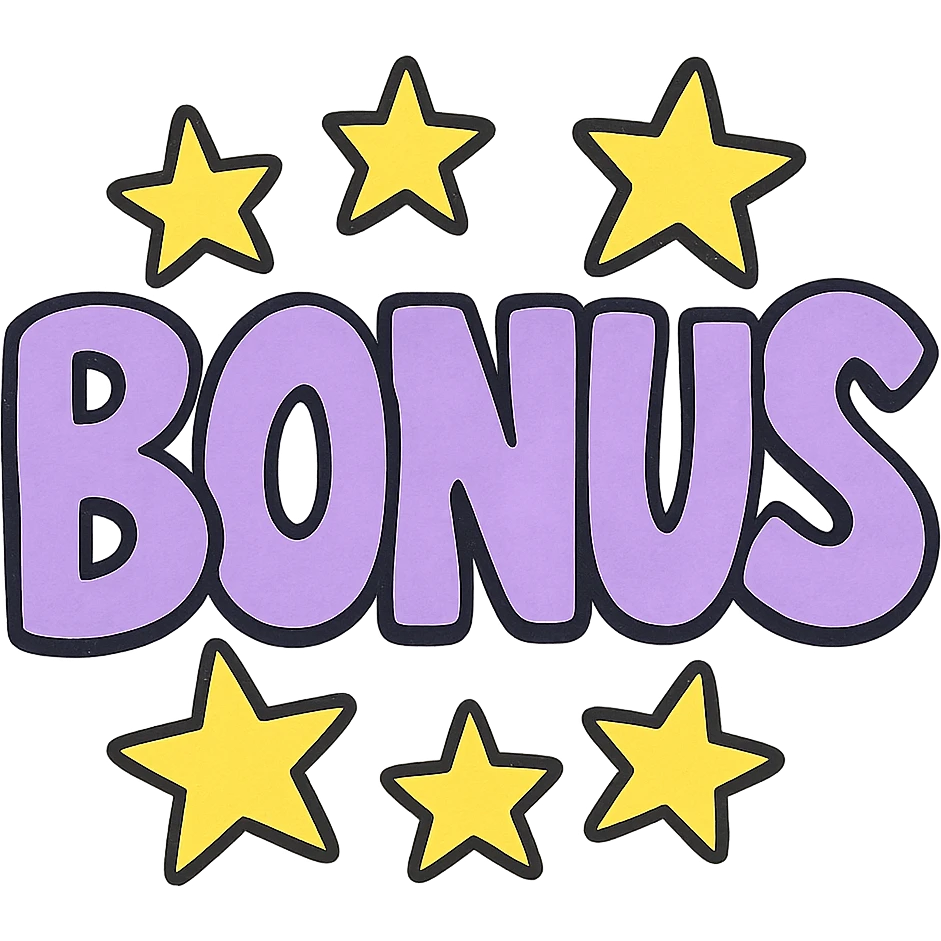 the word BONUS in large letters, all the same vibrant color, surrounded by stars, no background or sign behind, just the letters and stars, vibrant cartoon style QUIERO EXACTAMENTE IGUAL SOLO QUE LAS LETRAS DEBEN SER VIOLETA PASTEL Y LAS ESTRELLAS AMARILLAS emoji