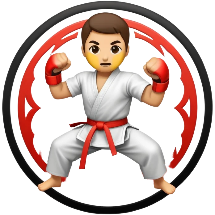 An emblem-style emoji symbolizing striking martial arts. The design features a stylized fighter in a dynamic stance, delivering a powerful punch, surrounded by a circular border with traditional elements like fists and combat symbols. Bold, clean lines with contrasting colors. emoji