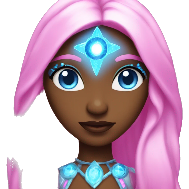 magical diva with pink andromedan skin long hair and blue eyes glowing third eye emoji