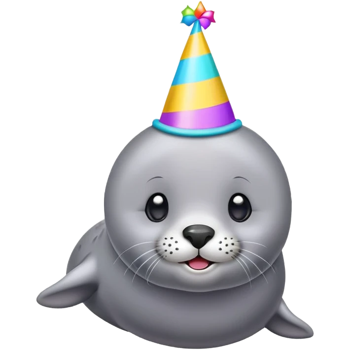 A cute gray seal with colorful birthday party hat, simple mobile emoji style emoji