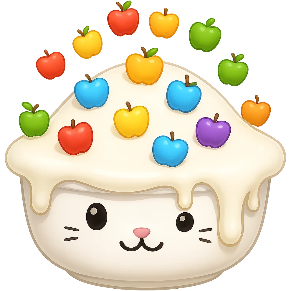 Replace the food in the cute cat food bowl with milk, the bowl is overflowing with milk, keep the adorable cat food bowl style and apple emoji style, no background. emoji