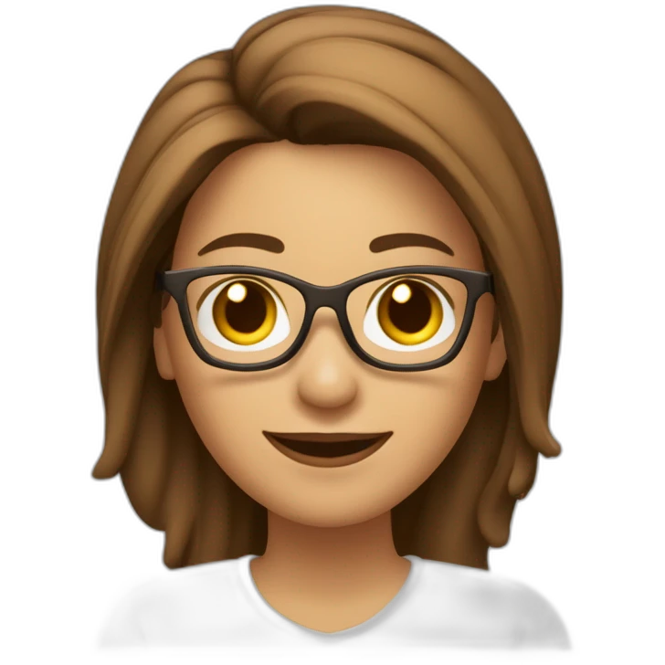 mujer feliz con piel blanca con gafas cabello en el hombro y de color marron con un computador emoji