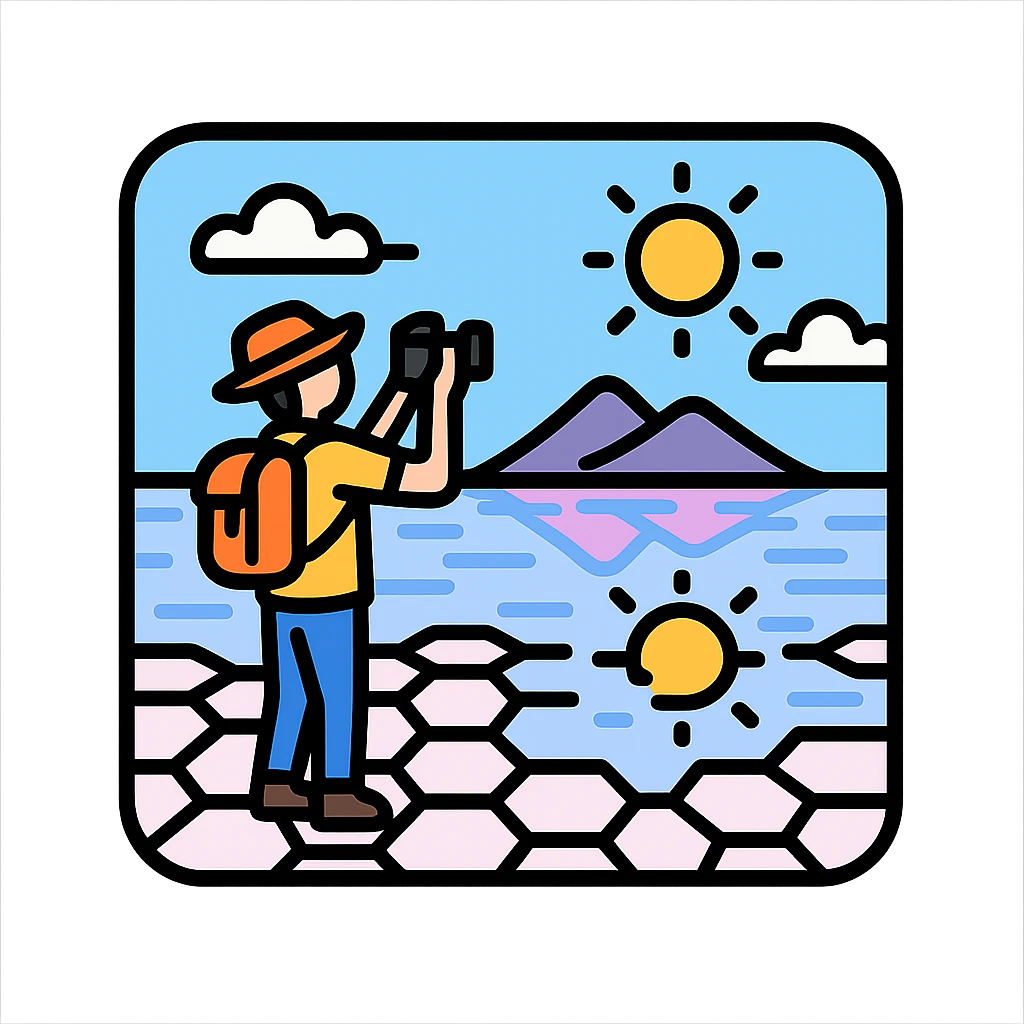 icon style of traveler taking photo in Uyuni desert, standing on salt crystals, wide sky and reflection, bright and wondrous feeling emoji