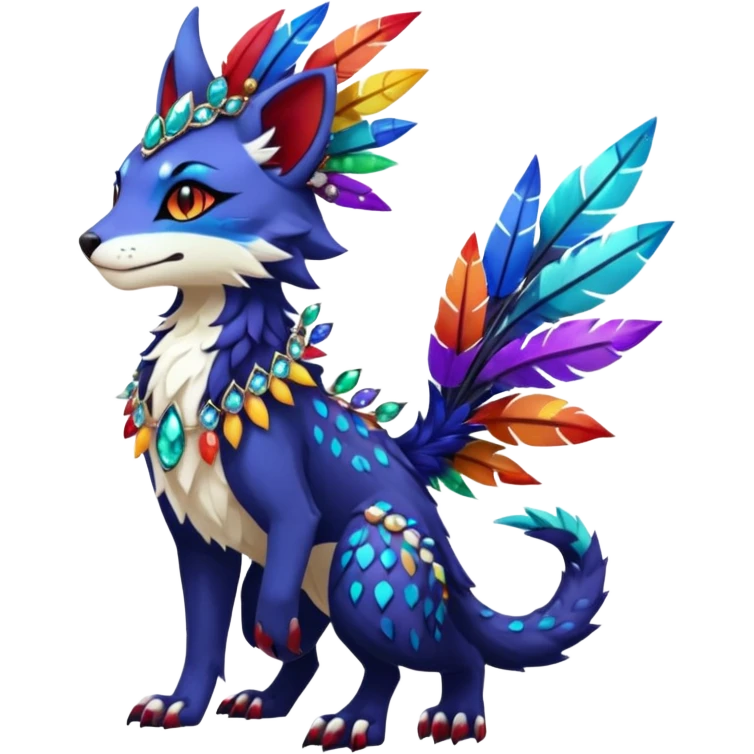 Kawaii cute dark deep colorful warm-colored exotic tropical beautiful pretty elegant divine edgy feline-vernid-sergal-Fakémon-Pokémon-fursona-animal-creature with accessories, jewelries, full body, with intricate detailed markings, feathers, crystals, fins, scales, headdress emoji