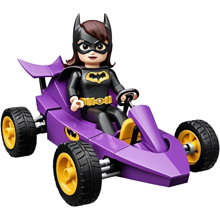 Hot full size real size-appearance electric road racing sexy BatGirl’s feminine midnight-colored tight outfit sixty’s tv show Lego dark stealthy sporty safe plush petite off-road pursuit cruiser car rose gold accents (black hair,reclined and relaxed torso and shoulders seating position) go kart  emoji