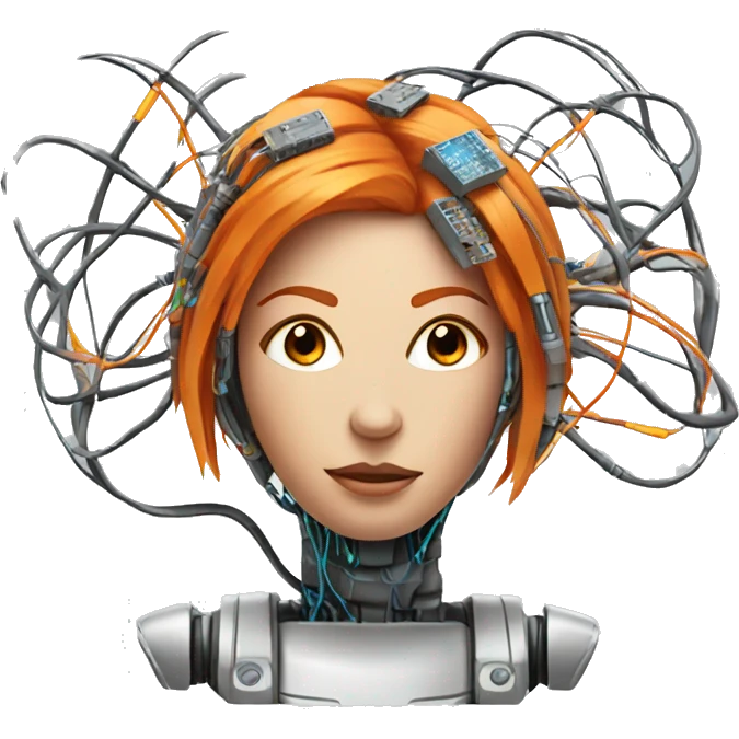 Head of female cyborg with orange hair and circuits wires emoji