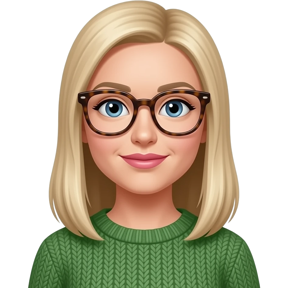 a white woman with long, chest length, straight long blonde hair. she should be wearing thick rimmed tortise shell glasses, pinker lips, wearing a green sweater and have blue eyes. emoji