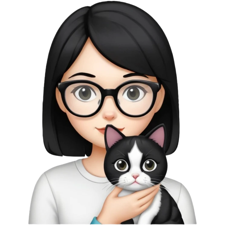 Girl with black hair wearing glasses holding a black and white cat emoji