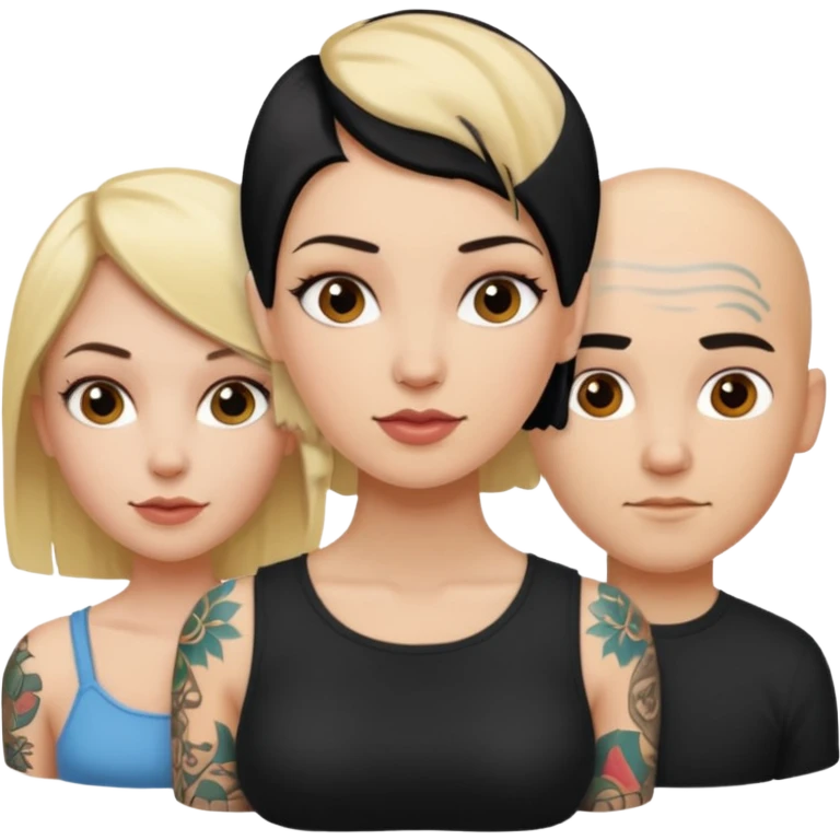 throuple blonde femaleand brunette female with bald tattooed male emoji
