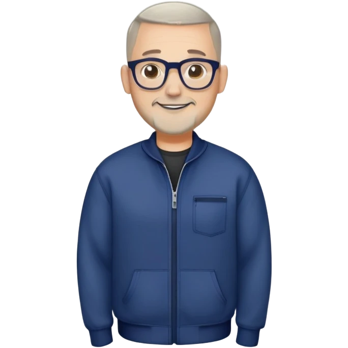Man with light skin, oval face, buzz cut extremely short on top with faded sides, short peppered gray beard, large black-framed glasses, smiling face, broader body build, navy blue zip-front sweatshirt with long sleeves emoji
