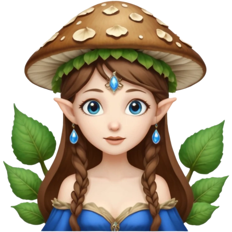 Hyper realistic mushroom elf mage fairy queen pale skin brown hair and blue-eyes emoji