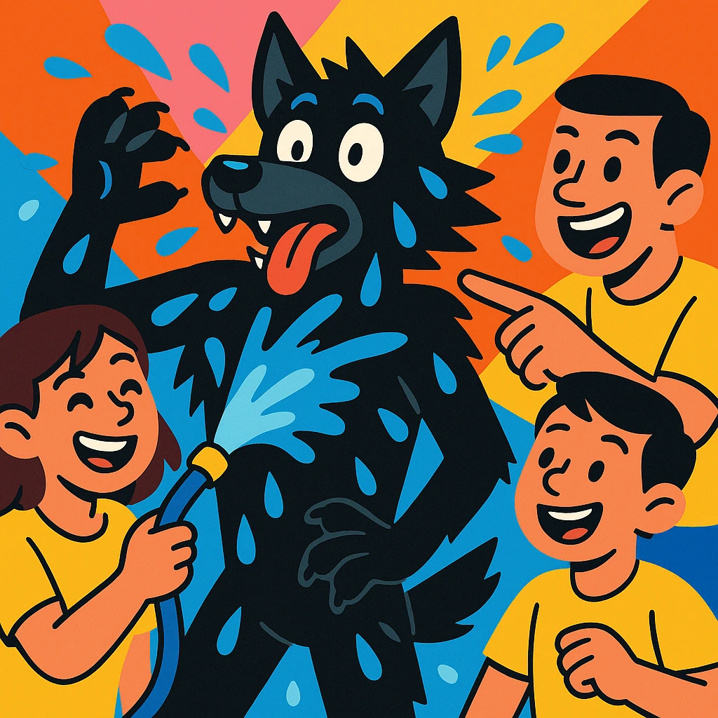 people in yellow shirts spraying water on an anthro black wolf in vibrant toon style emoji