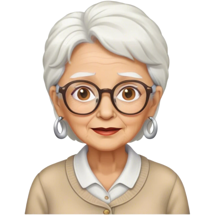 76 year old lady with white hair, glasses nd aa tan emoji