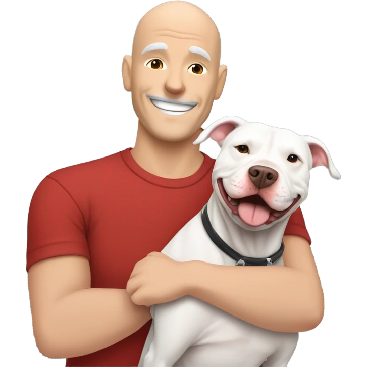Grey male large pit bull smiling hugging bald white mature man with red tshirt emoji