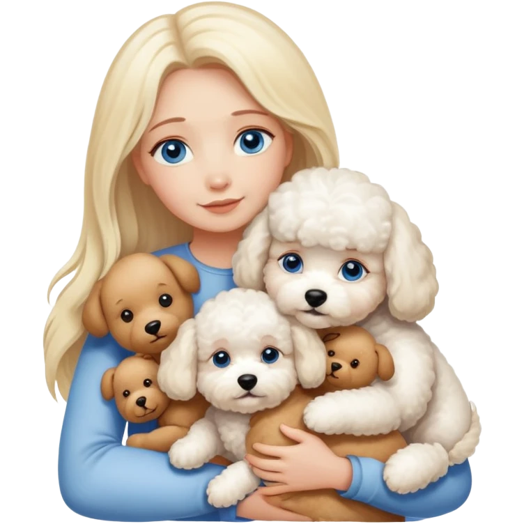 Blonde blue-eyed long-haired mother hugs two dogs, a Bichon Frise and a Teddy emoji