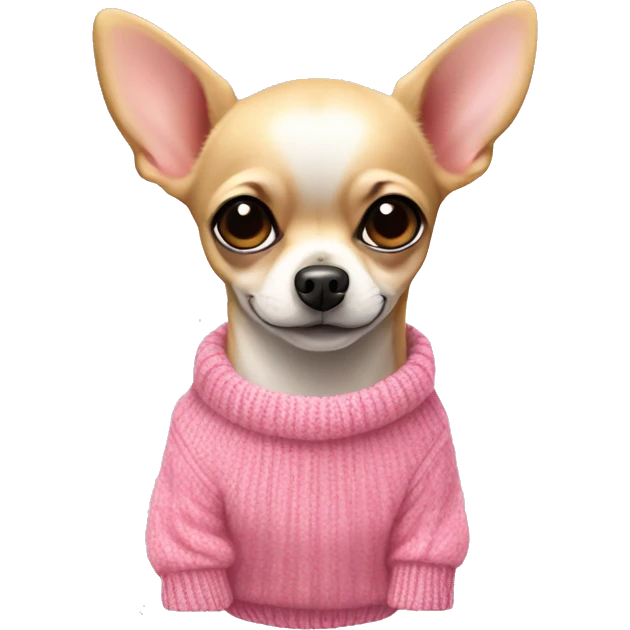 Beige small and cute Chihuahua dog in a pink sweater with  emoji
