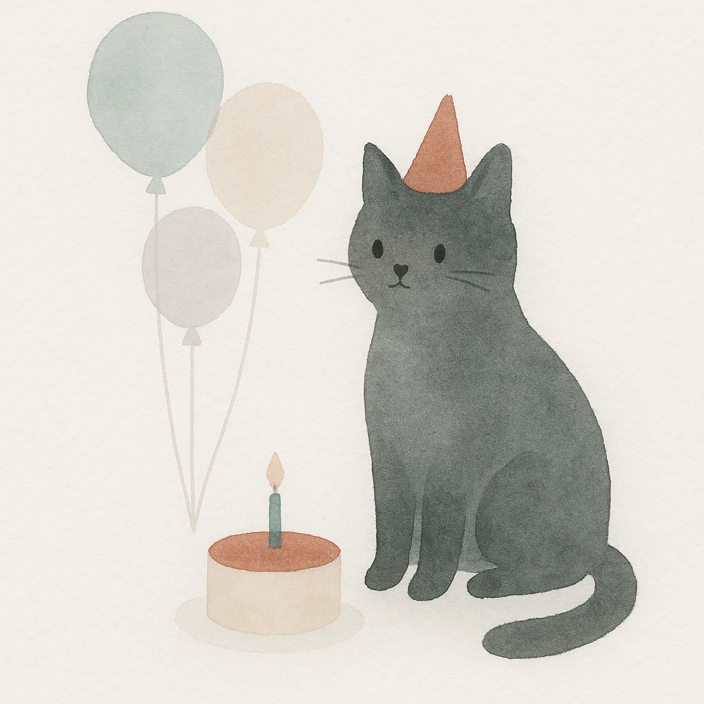 a black cat having a birthday party, watercolor art style emoji