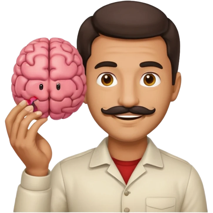 attractive man with dark hair and mustache holding a brain as an emoji emoji