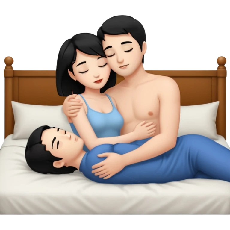 Девушка и мужчина голые лежат на кравати в обнимку, она большие сиски, большая жопа, черные волосы. Он средного телосложения, короткие волосы. Они голые целуется. Видны все тело emoji