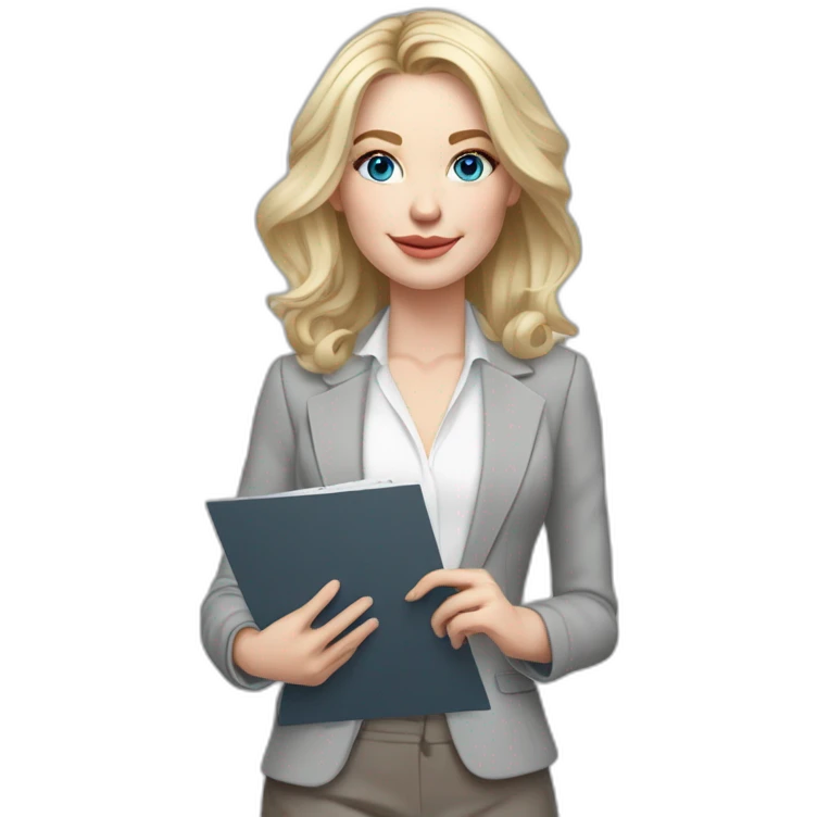 pale skin woman interior designer with cold blonde middle length hair, blue eyes, White blouse, Gray oversize jacket, Gray skirt holding a color palette in the hands emoji