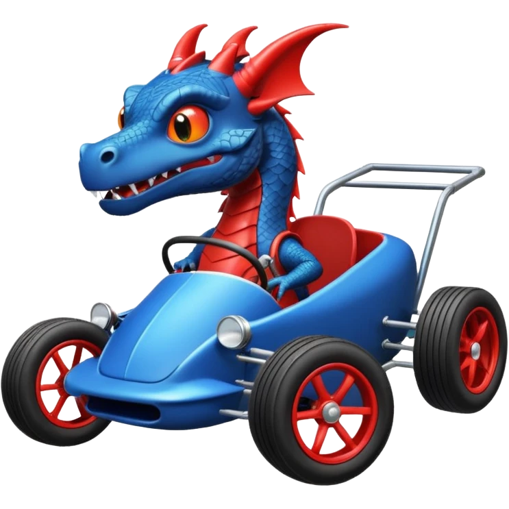 Special air-cooled three cylinder race car whose frame and suspension is made of shopping cart material with a large gas tank, and rear spoiler, is being professionally steered/driven by a small dark dragon  emoji