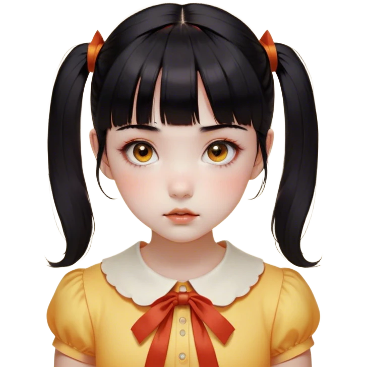 Face: Round with a porcelain-like finish, slightly eerie but innocent expression.
	•	Eyes: Large, dark, and slightly glossy, with a red sensor-like glow when activated.
	•	Hair: Black, neatly tied into two low pigtails with short bangs.
	•	Outfit: Yellow-orange short-sleeved shirt with a Peter Pan collar and a high-waisted orange jumper dress.
	•	Details: A small, unsettling smile and a slightly tilted head to capture her eerie nature. emoji