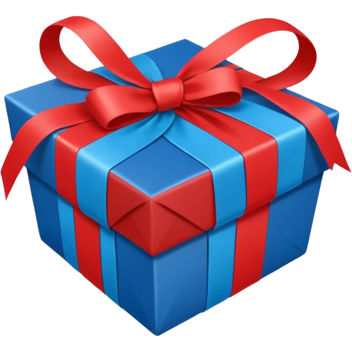 Cadeau rouge et bleu et avec dessus un bandeau avec marqué en texte  : cadeau à la clé  emoji