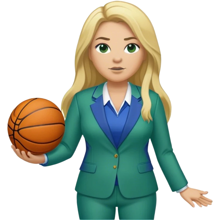 Full Body white plus size female basketball head coach with long blonde hair in a blue and green suit emoji