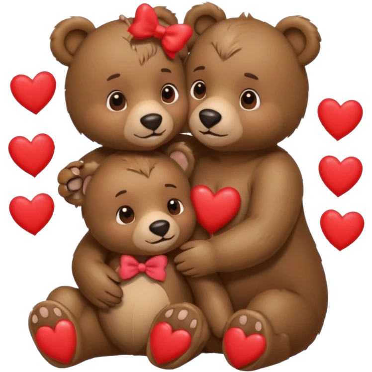 female bear with bow on her head and male bear hugging, couple, surrounded by hearts, playful and loving, cute emoji