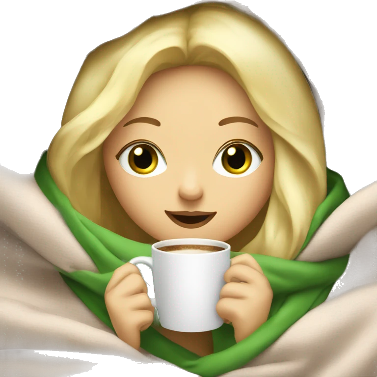blonde girl inside a blanket sipping coffee blonde hair green eyes emoji