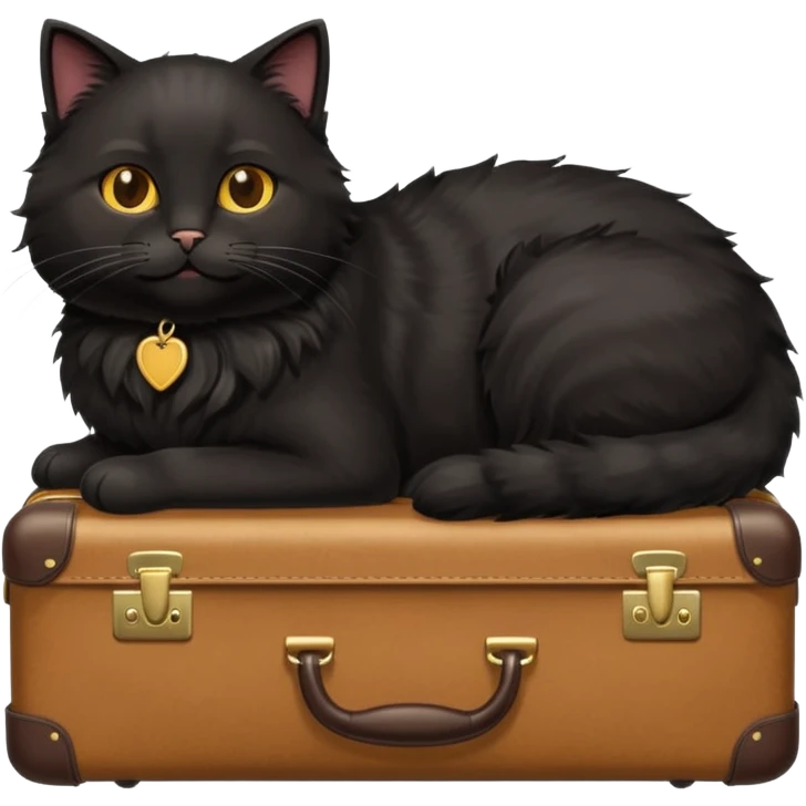 Black fluffy cat with suitcase in sunny place emoji