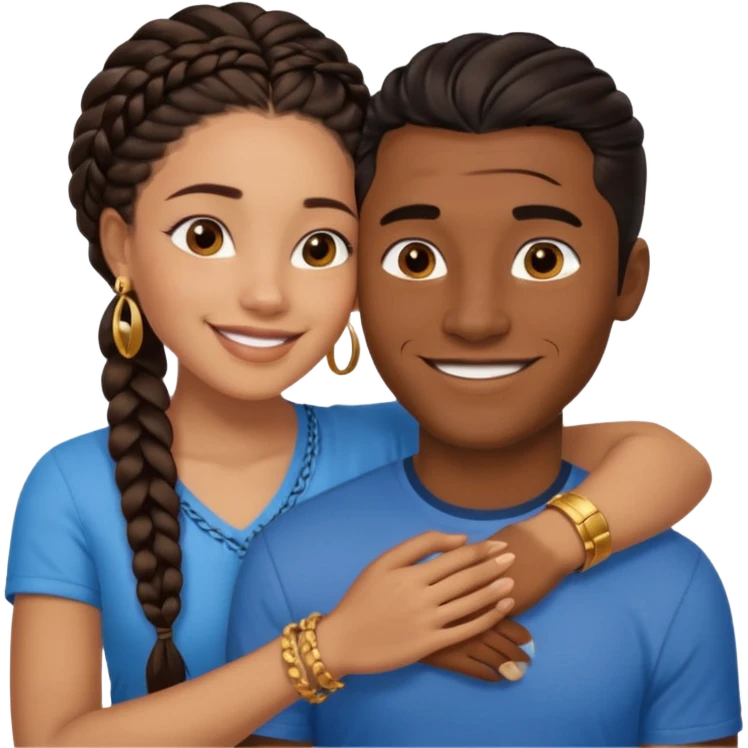 smiling embracing interracial couple. dark ebony woman with long braided hair and jewelry. brazillian man short hair wearing blue. emoji