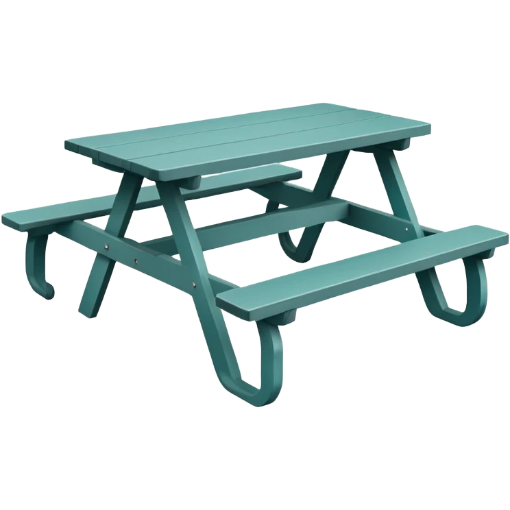 picnic table with attached benches, muted teal, straight vertical legs, small wheels, flat wood-style silhouette, minimal shading, clean geometry emoji
