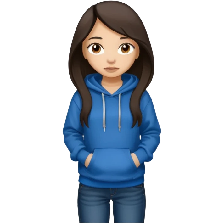 Can you make a girl with dark brown eyes with dark brown hair straight long hair with fully body with a black hoodie and blue baggy jeans emoji