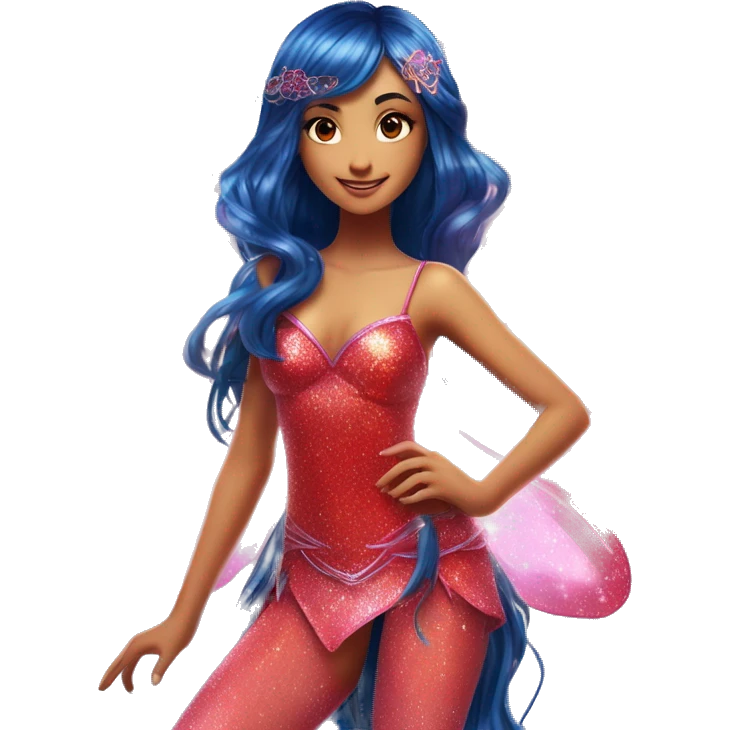 Musa asian adult fairy of music in her enchantix fairy red sparkling two-piece clothing and fairy enchantix wings and long dark blue hair in pigtails from winx club. Lots of sparkles and fairydust. Full body pic and full fairy bliss emoji