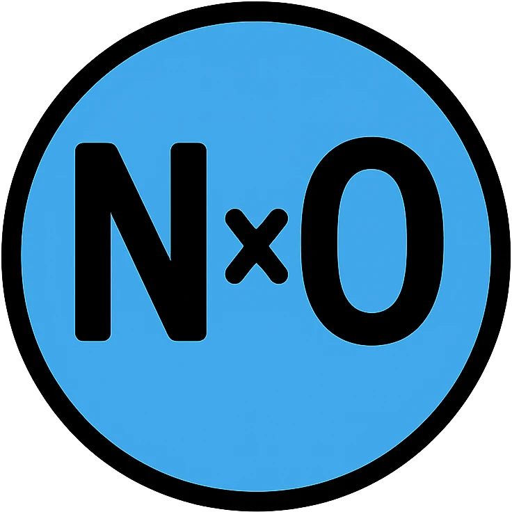 NxO in bold letters inside a large blue circle, modern icon style emoji