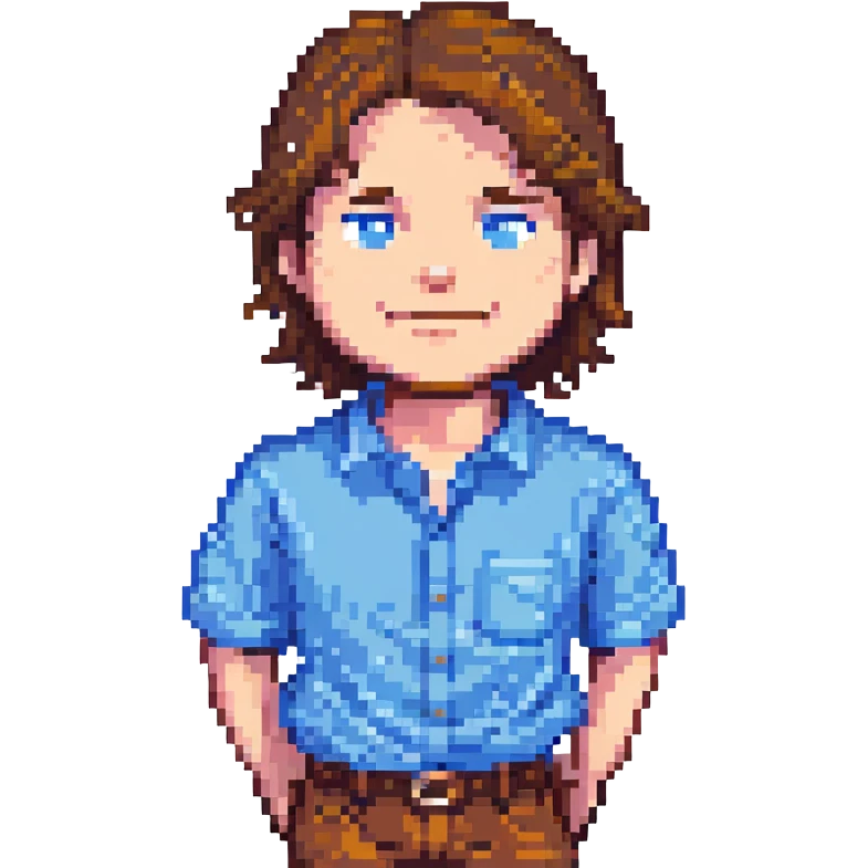 John Doe as a pixel art character, 16-bit style, with a blue shirt and brown hair, smiling emoji