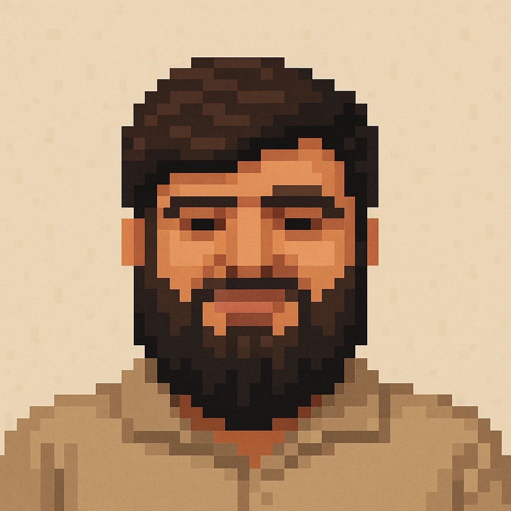 Create a pixel art portrait of the person in the reference image with simplified facial features and a pixelated style. Use a neutral background. The style should resemble pixel art. emoji