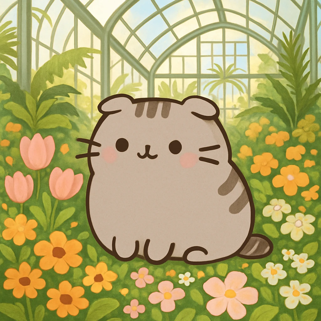 scottish fold pusheen cat surrounded by flowers in a botanical garden greenhouse emoji