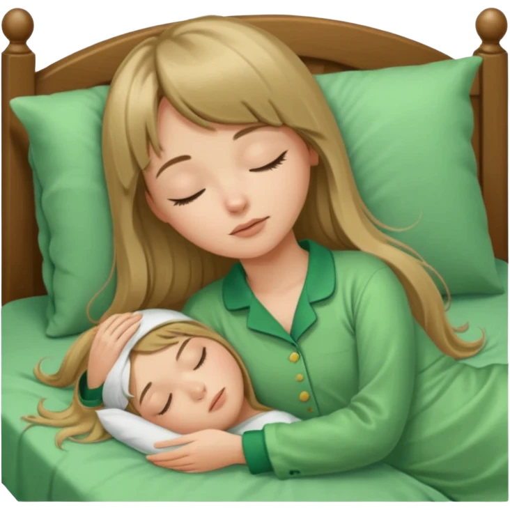 Young woman with long dark blond hair and a bang sleeping in bed  with green pyjama emoji