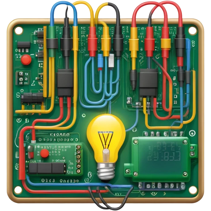An icon featuring circuit boards, glowing wires, and a multimeter, symbolizing electrical engineering. The design includes a light bulb, voltage symbols, and electric currents flowing through components, representing the study and application of electricity. Transparent background emoji