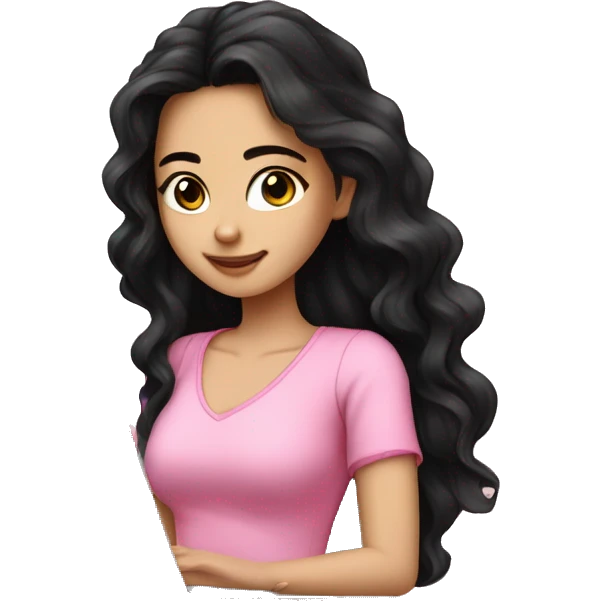 Beautiful girl,Black hair,wavy hair，long hair,Black eyes,Chinese, typing on laptop, Pink top  emoji
