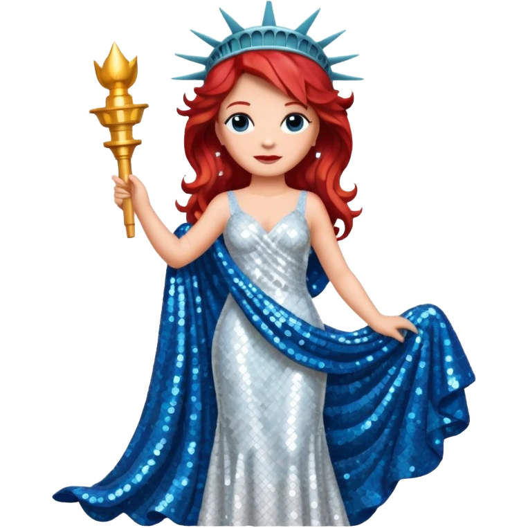 Lady Liberty from Film Studios with red wavy hair, white sequin gown, blue sequin drape emoji
