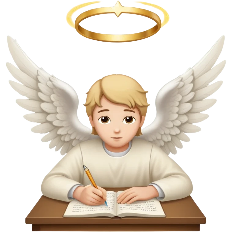 Person writing essay with "Dear God" with halo and angel wings emoji
