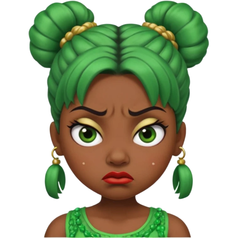 Create a 3D cartoon-style girl character with dark skin, round face, angry expression, big wide eyes, and tightly styled double buns made of green beaded hair. The girl should look irritated, eyebrows sharply angled, and lips pressed in a frown. emoji