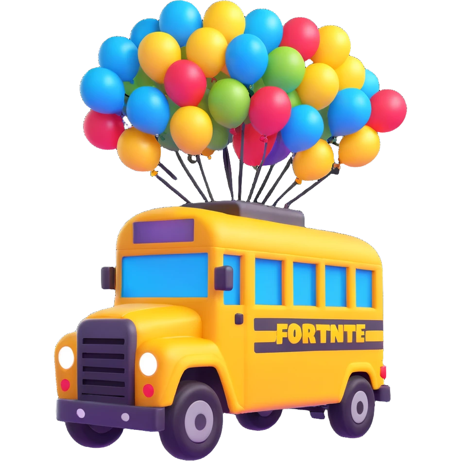 Fortnite battle bus, 3D emoji style, floating with balloons, bright colors emoji