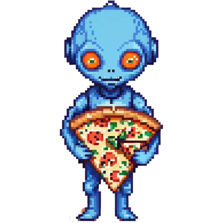 A blue alien with big eyes holding a pizza slice emoji