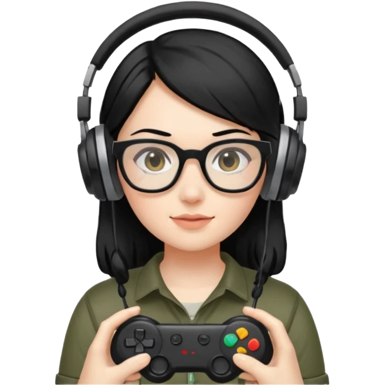 
gamer, woman shiny black hair no eyebrows with glasses, headphone, gamepad emoji